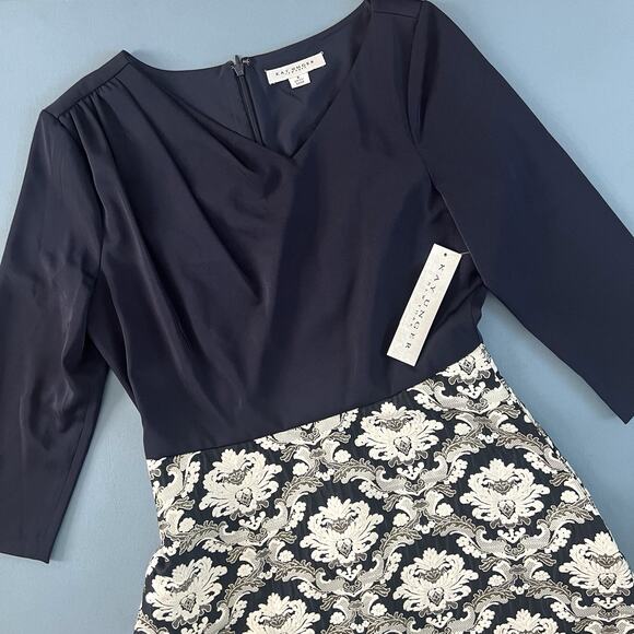 NWT Kay Unger Izabella Asymmetrical Neck Jacquard Navy Multi Ball Gown - Picture 5 of 8